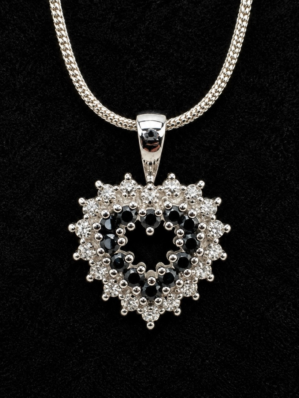 Stamped 925 Silver Tone Heart Pendant Blue Sapphire Clear Stones Necklace